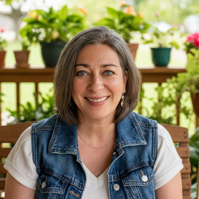 CJ's profile picture, wearing a blue denim vest over a white short-sleeve top, photographed indoors in front of vertical blinds with a green plant in the background.
