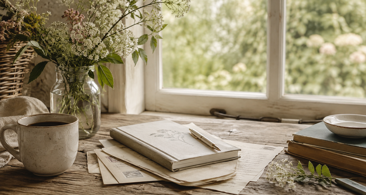 A cozy tabletop scene by a window with a ceramic mug of coffee, a closed notebook with a pen, scattered papers, books, and a glass vase of flowers. The background shows a softly blurred outdoor garden view through a white window.